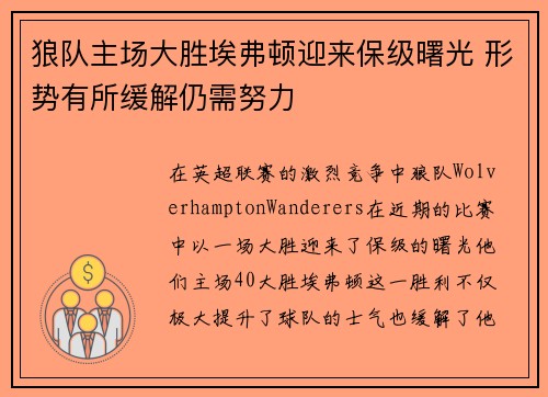 狼队主场大胜埃弗顿迎来保级曙光 形势有所缓解仍需努力