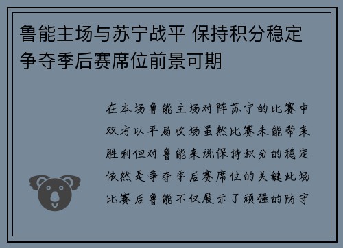 鲁能主场与苏宁战平 保持积分稳定 争夺季后赛席位前景可期